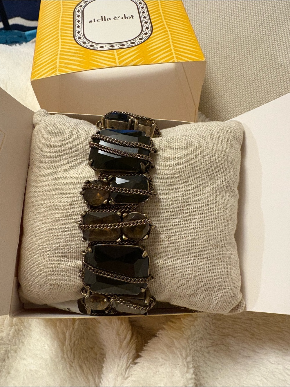 Stella & Dot Black Faceted Statement Bracelet with Rope Accents